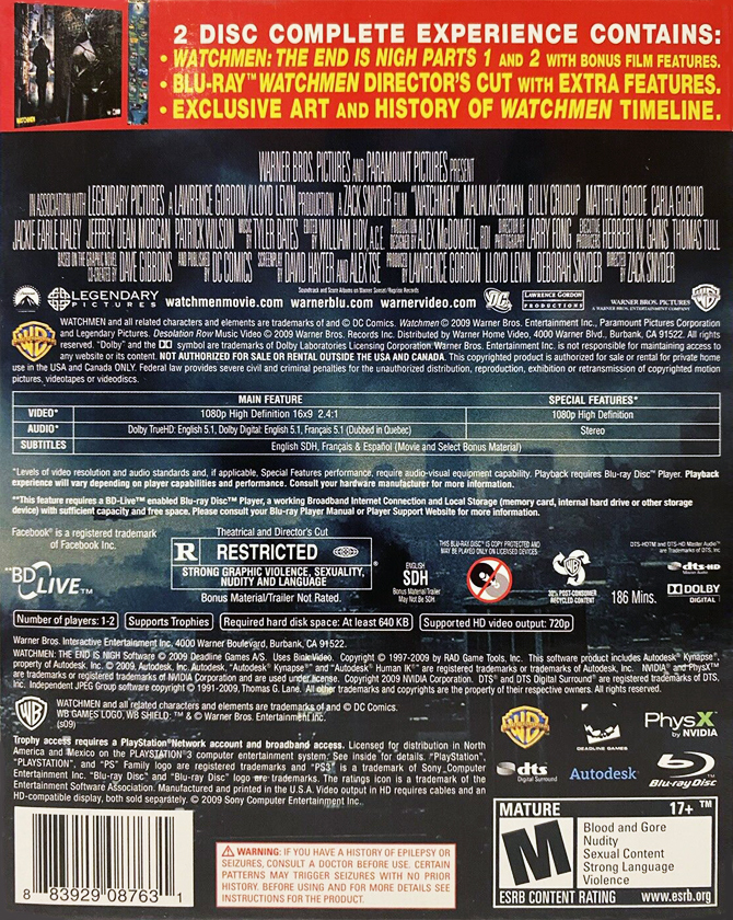 Watchmen End Is Nigh Complete Experience PS3 back side cover case