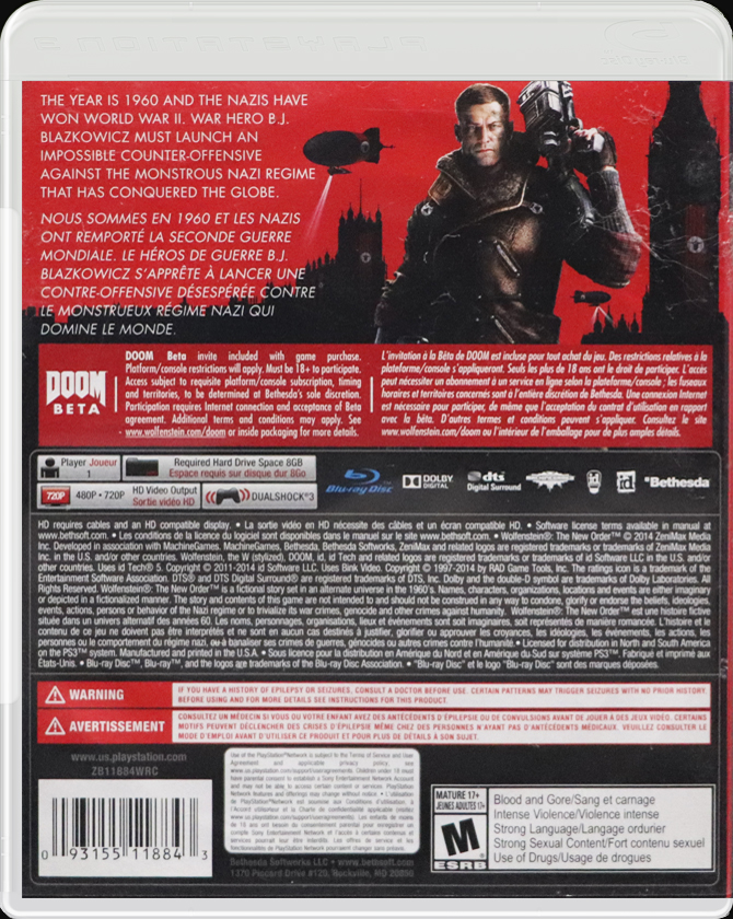 Wolfenstein PS3 back side cover case