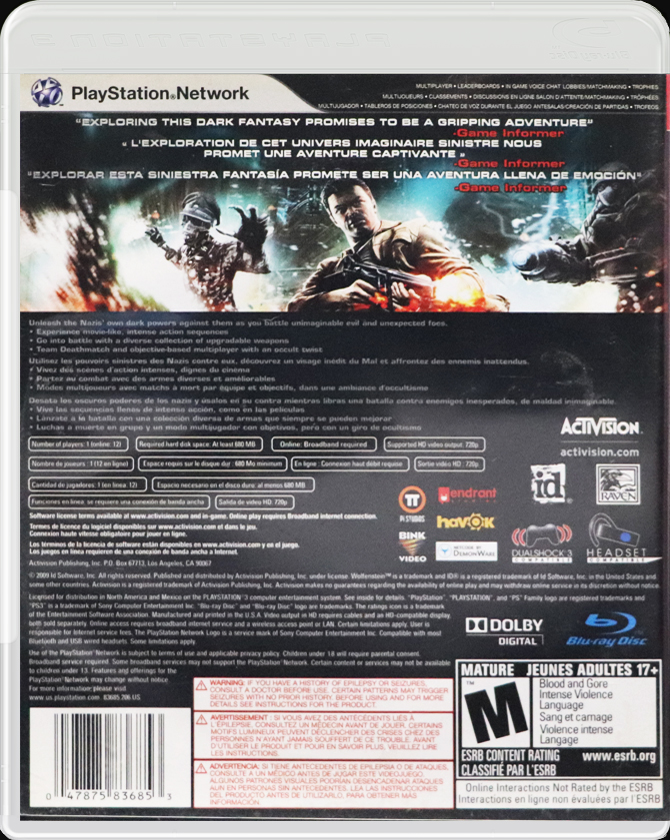 Wolfenstein: The New Order PS3 back side cover case