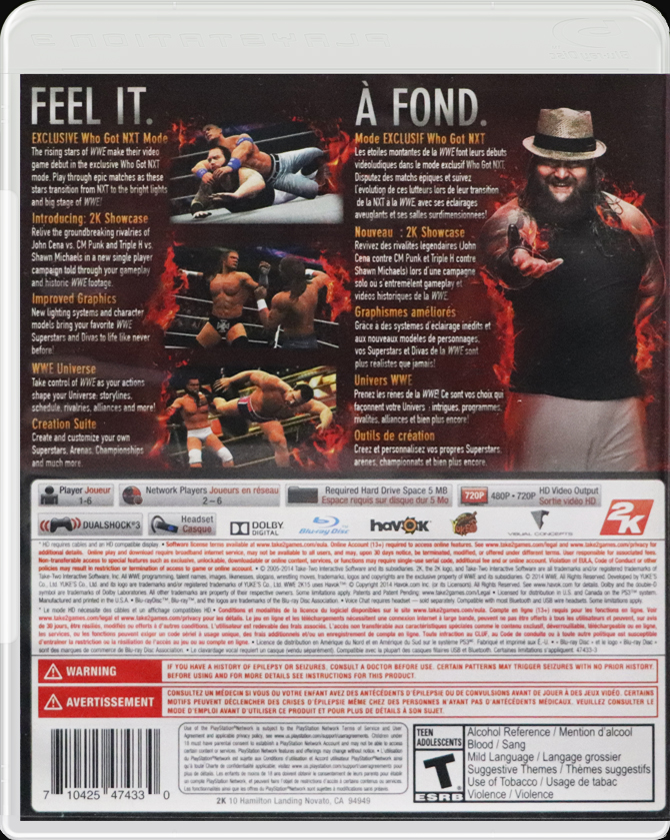 WWE 2K15 PS3 back side cover case