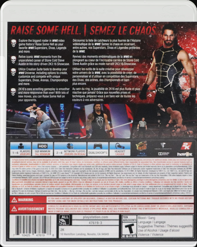 WWE 2K16 PS3 back side cover case