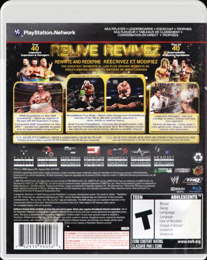 WWE Legends of WrestleMania PS3 back side cover case