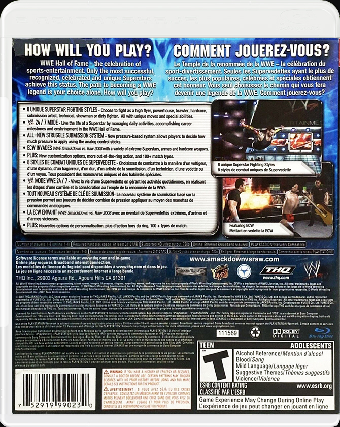 WWE SmackDown vs. Raw 2008 PS3 back side cover case