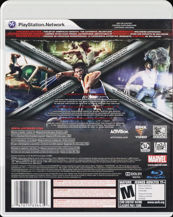 X-Men Origins: Wolverine PS3 back side cover case