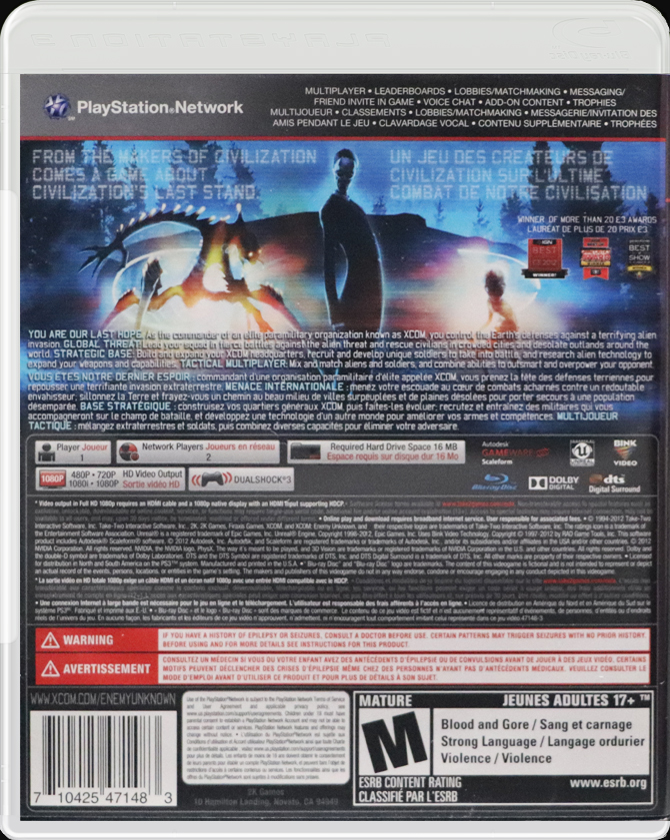 XCOM: Enemy Unknown PS3 back side cover case