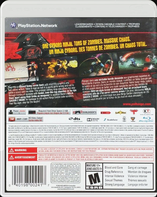 Yaiba: Ninja Gaiden Z PS3 back side cover case