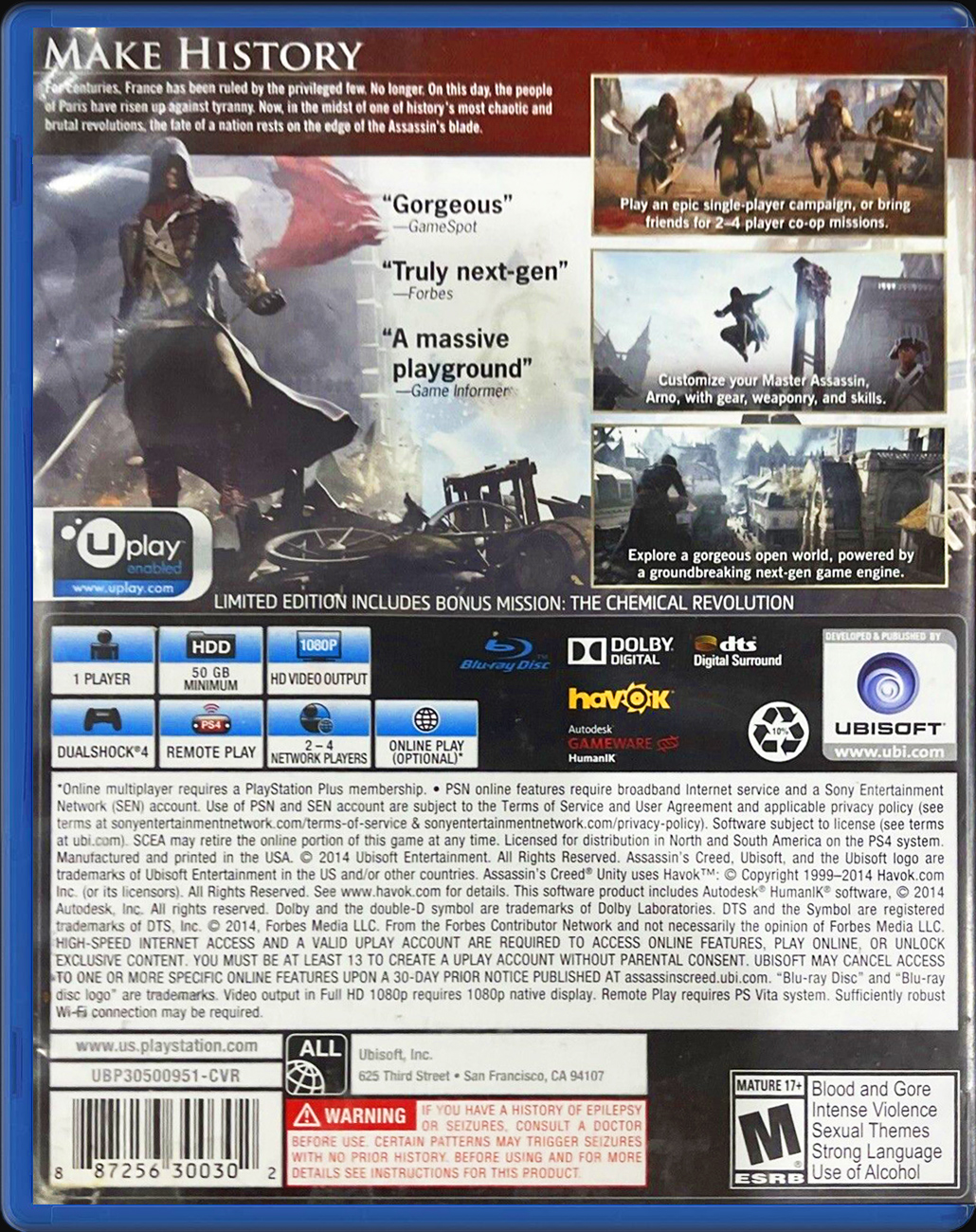 Assassin's Creed Unity Limited Edition PS4 back side cover case