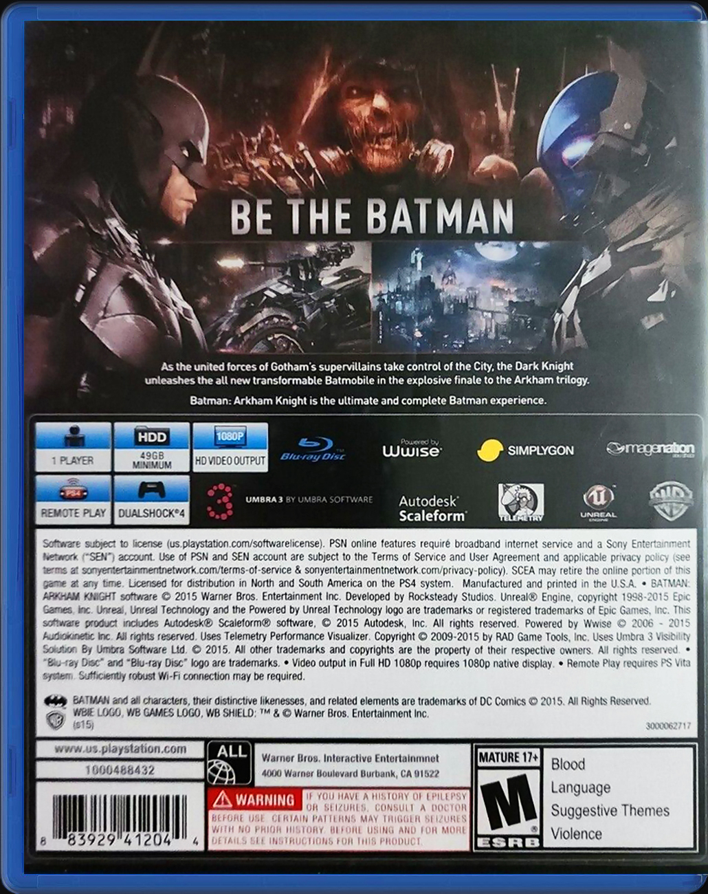 Batman Arkham Knight PS4 back side cover case