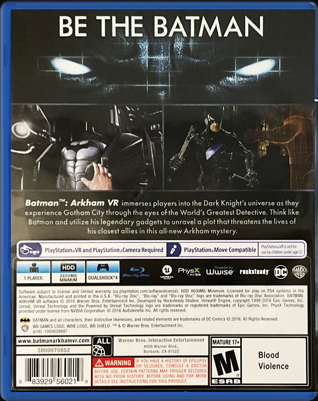 Batman: Arkham VR PS4 back side cover case