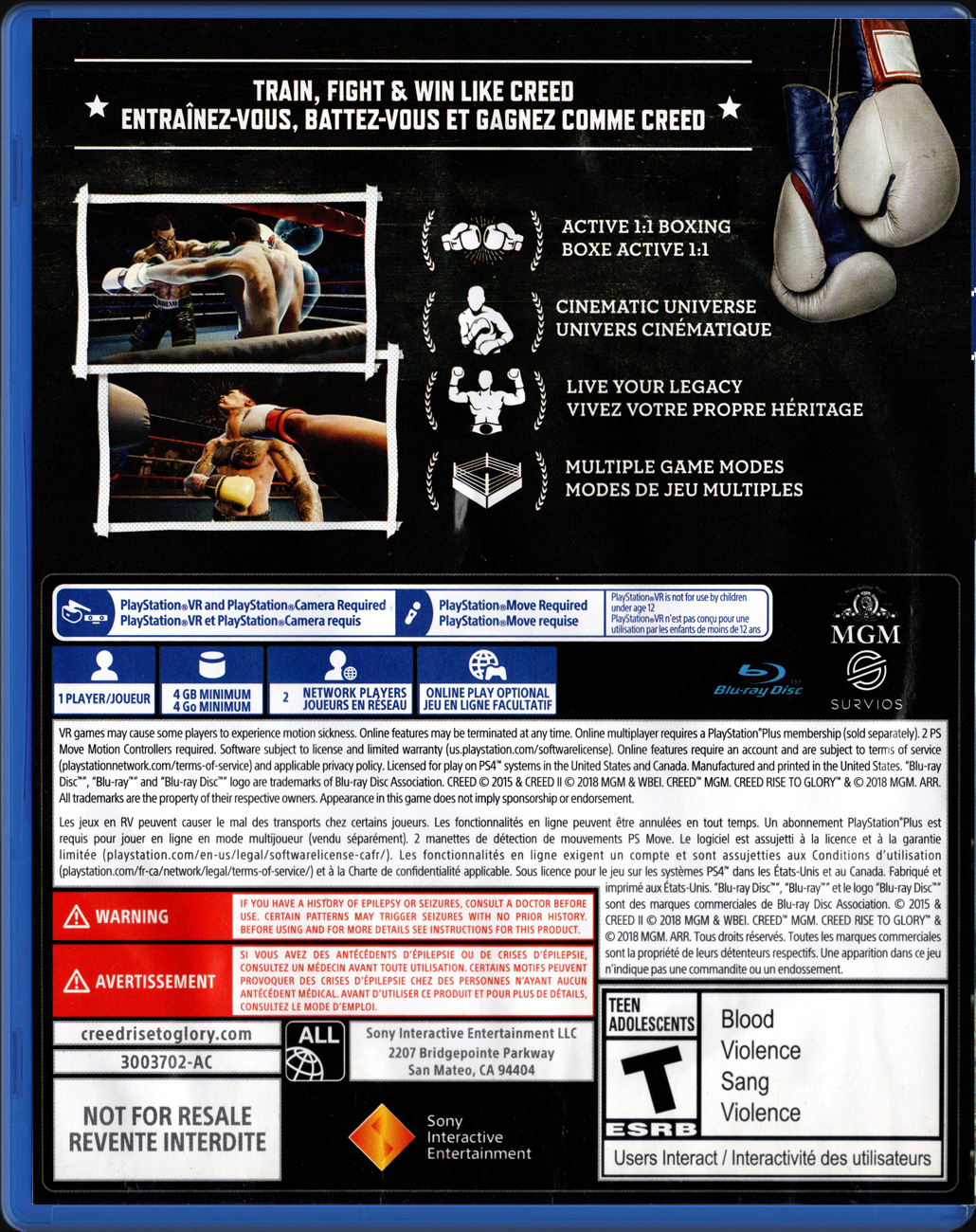 Creed Rise to Glory PS4 back side cover case
