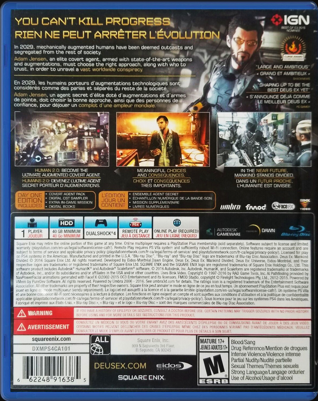 Deus Ex Mankind Divided Day One Edition PS4 back side cover case