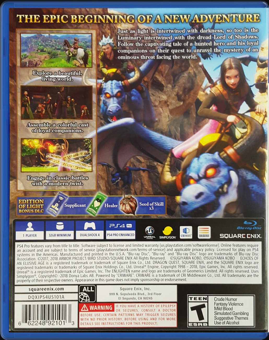 Dragon Quest XI: Echoes of An Elusive Age PS4 back side cover case