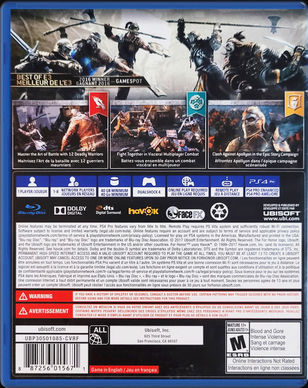 For Honor PS4  back side cover case