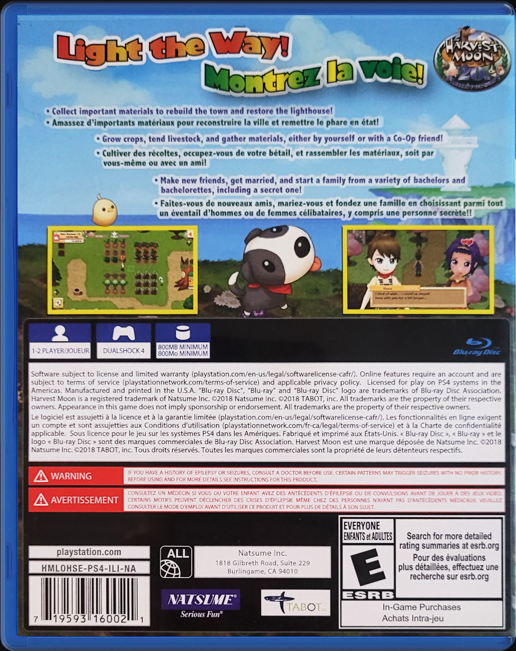 Harvest Moon: Light of Hope PS4 back side cover case