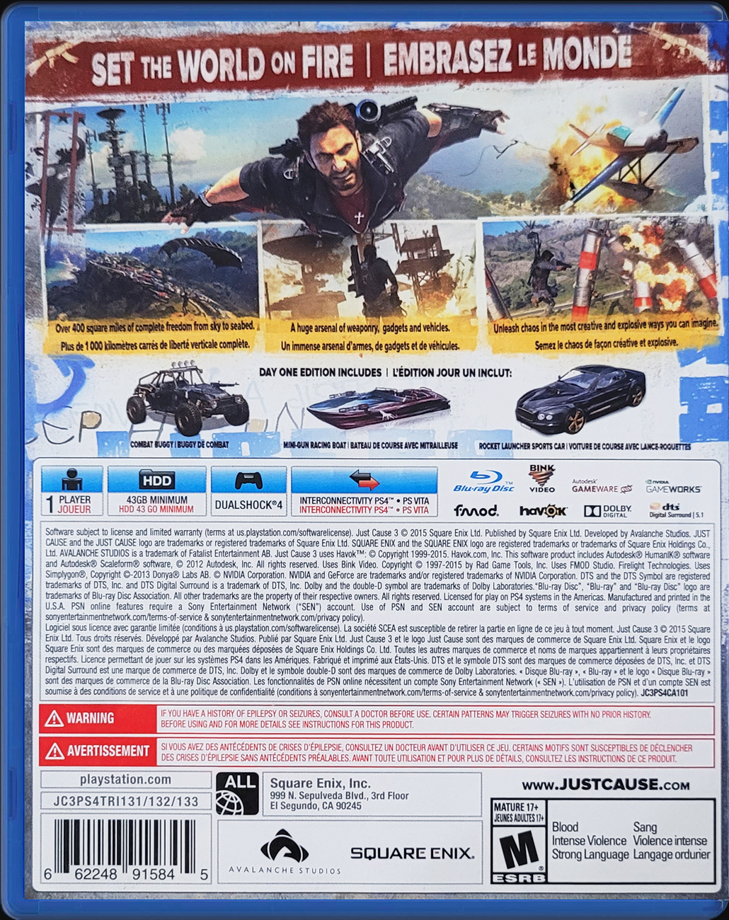 Just Cause 3 Day One Edition PS4 back side cover case