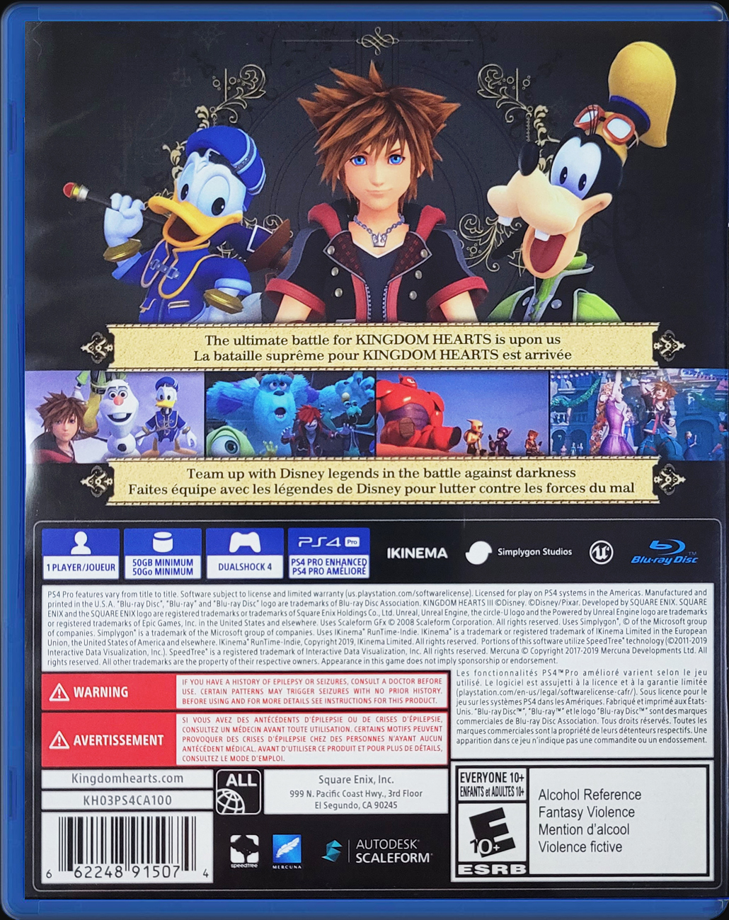 Kingdom Hearts III PS4 back side cover case