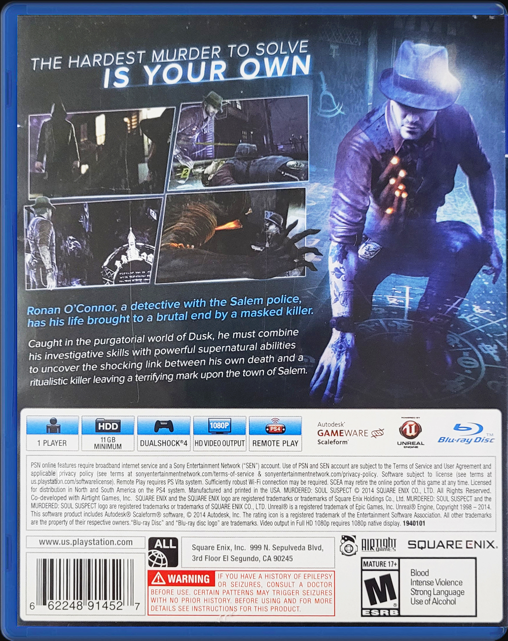 Murdered: Soul Suspect PS4 back side cover case