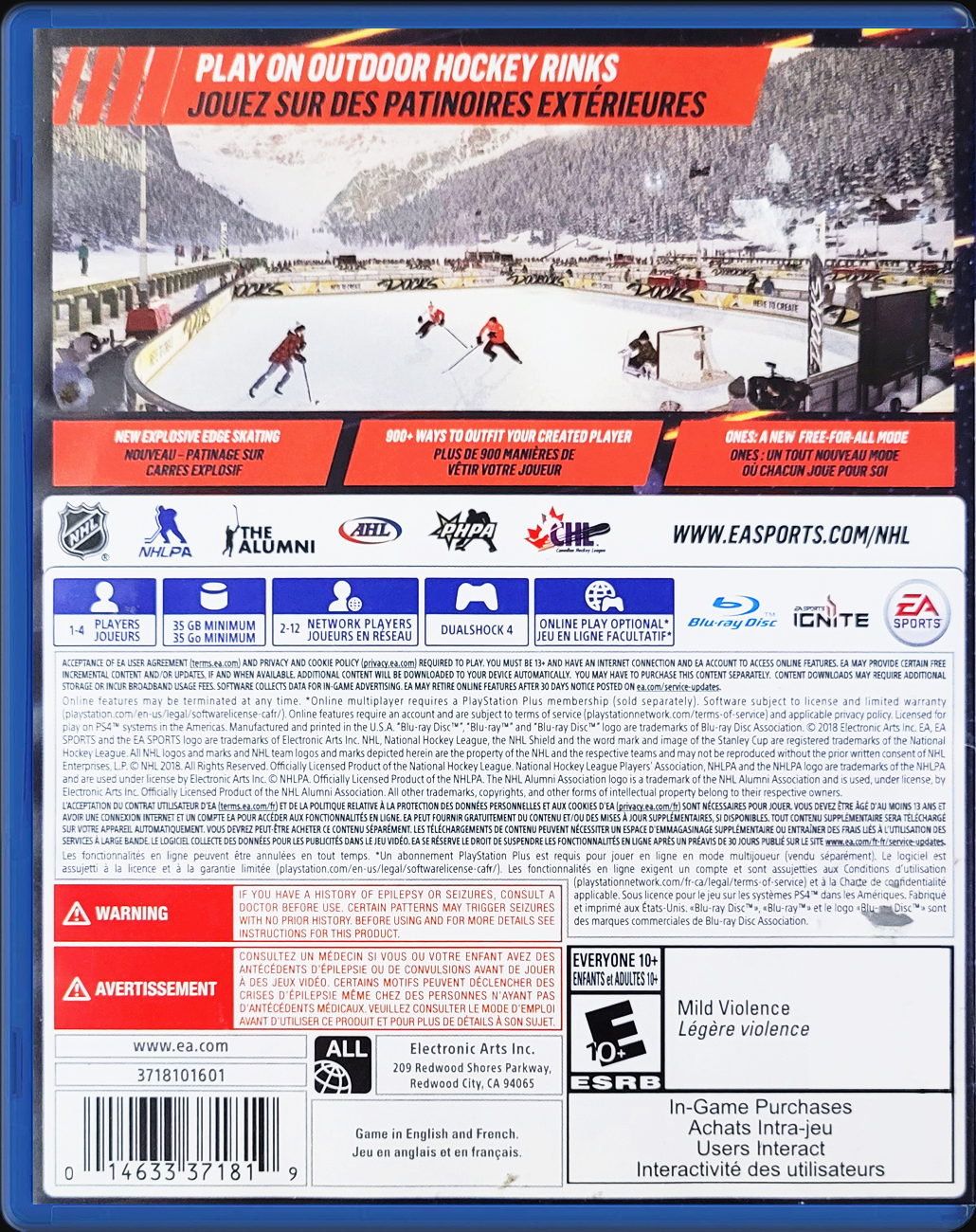 NHL 18 PS4 back side cover case