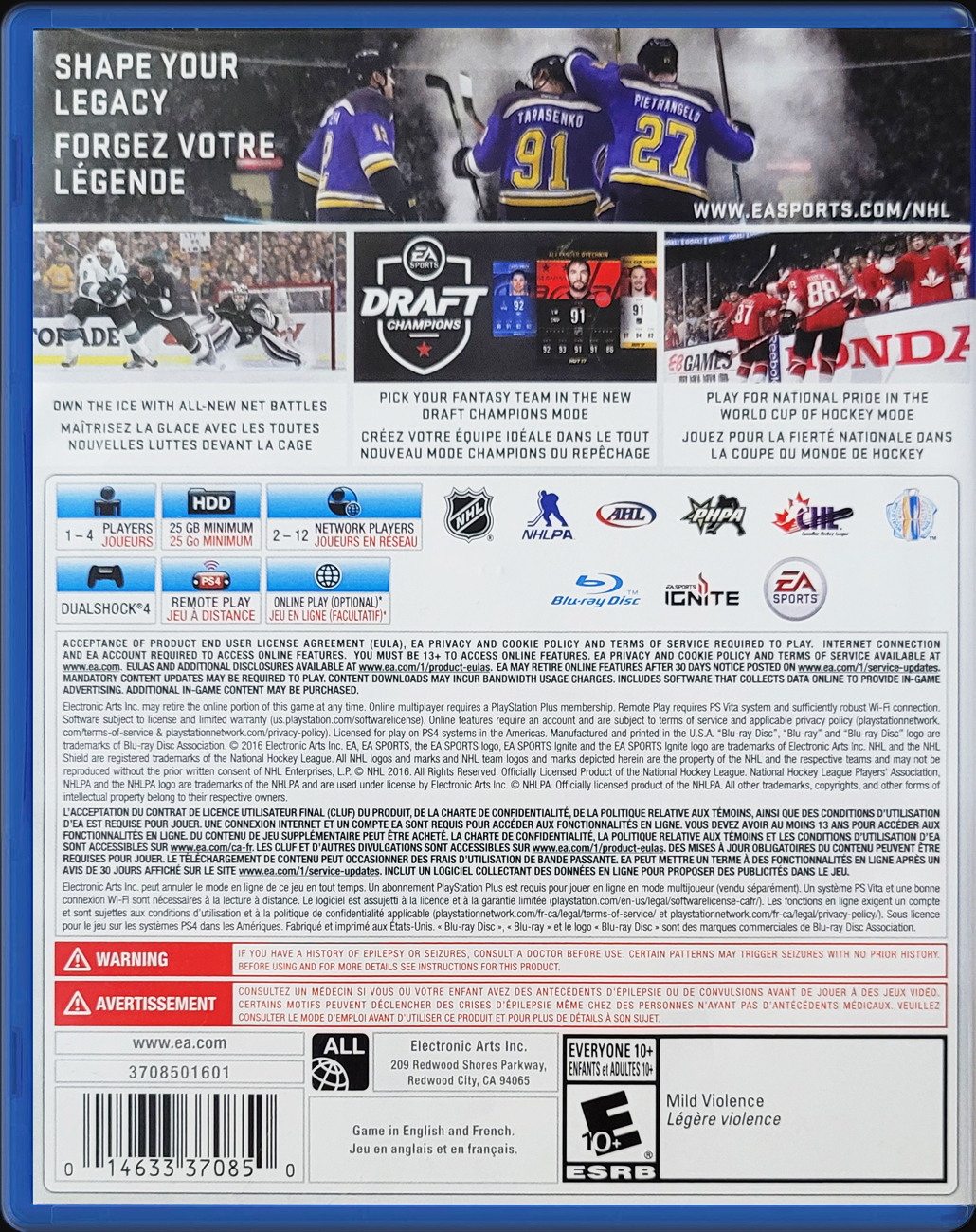 NHL 21 PS4 back side cover case