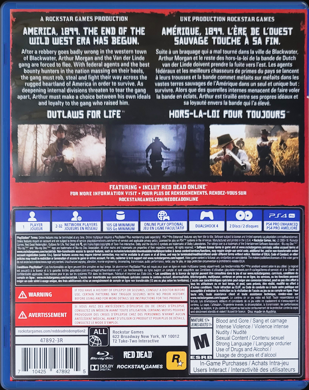 Red Dead Redemption 2 PS4 back side cover case