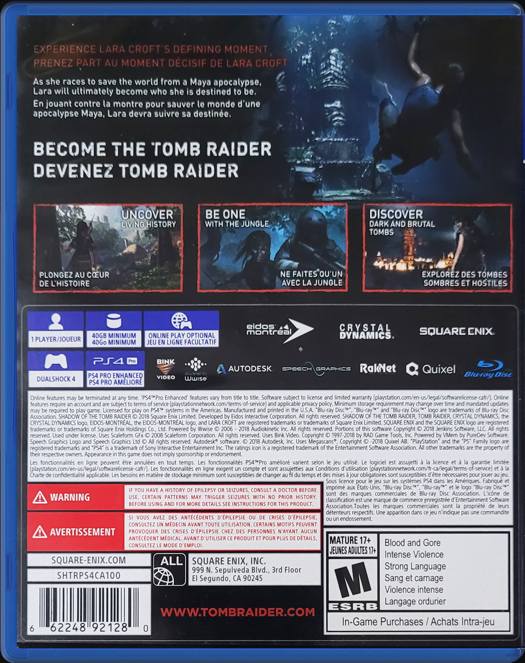 Shadow of the Tomb Raider PS4 back side cover case