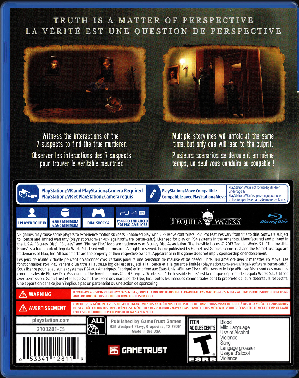 The Invisible Hours PS4 back side cover case