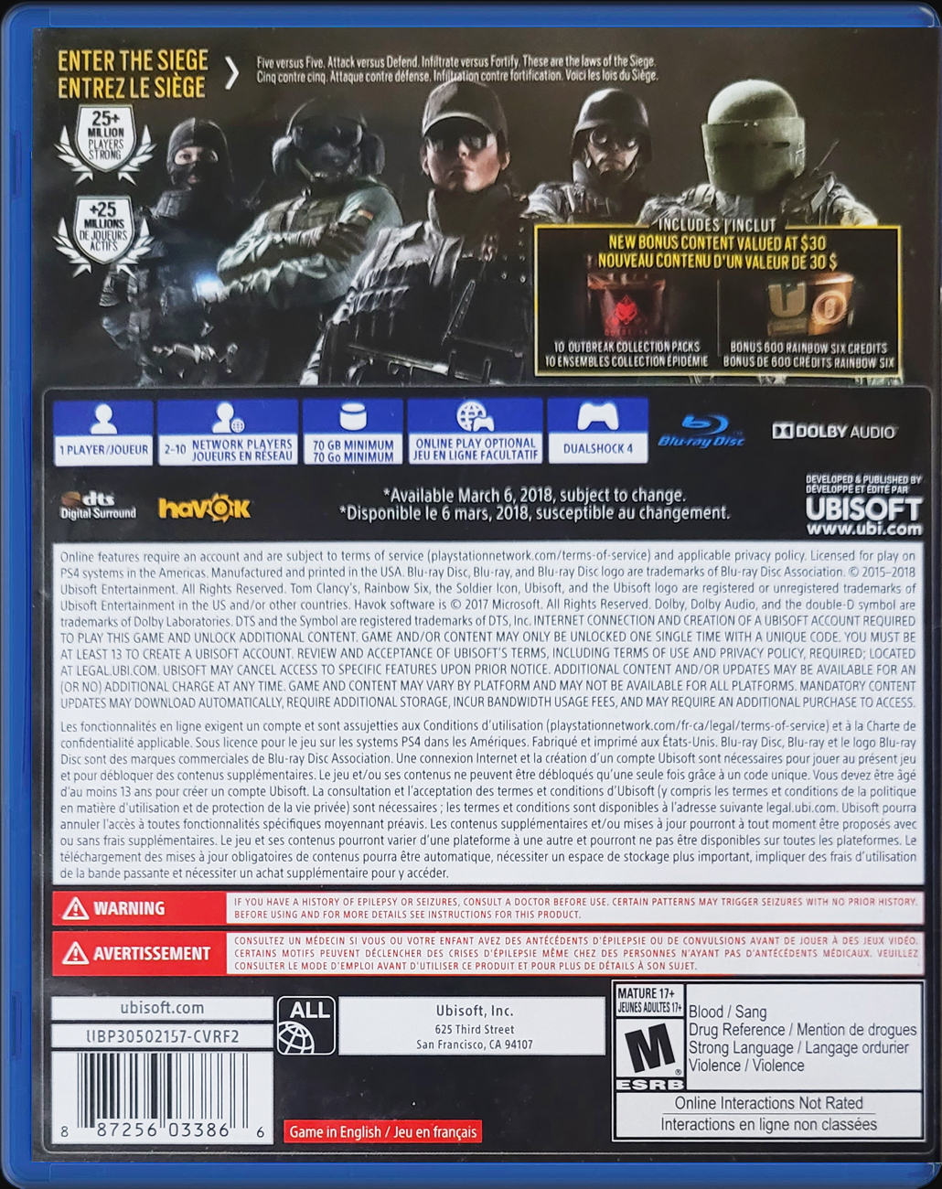 Tom Clancy's Rainbow Six Siege Advanced Edition PS4 back side cover case