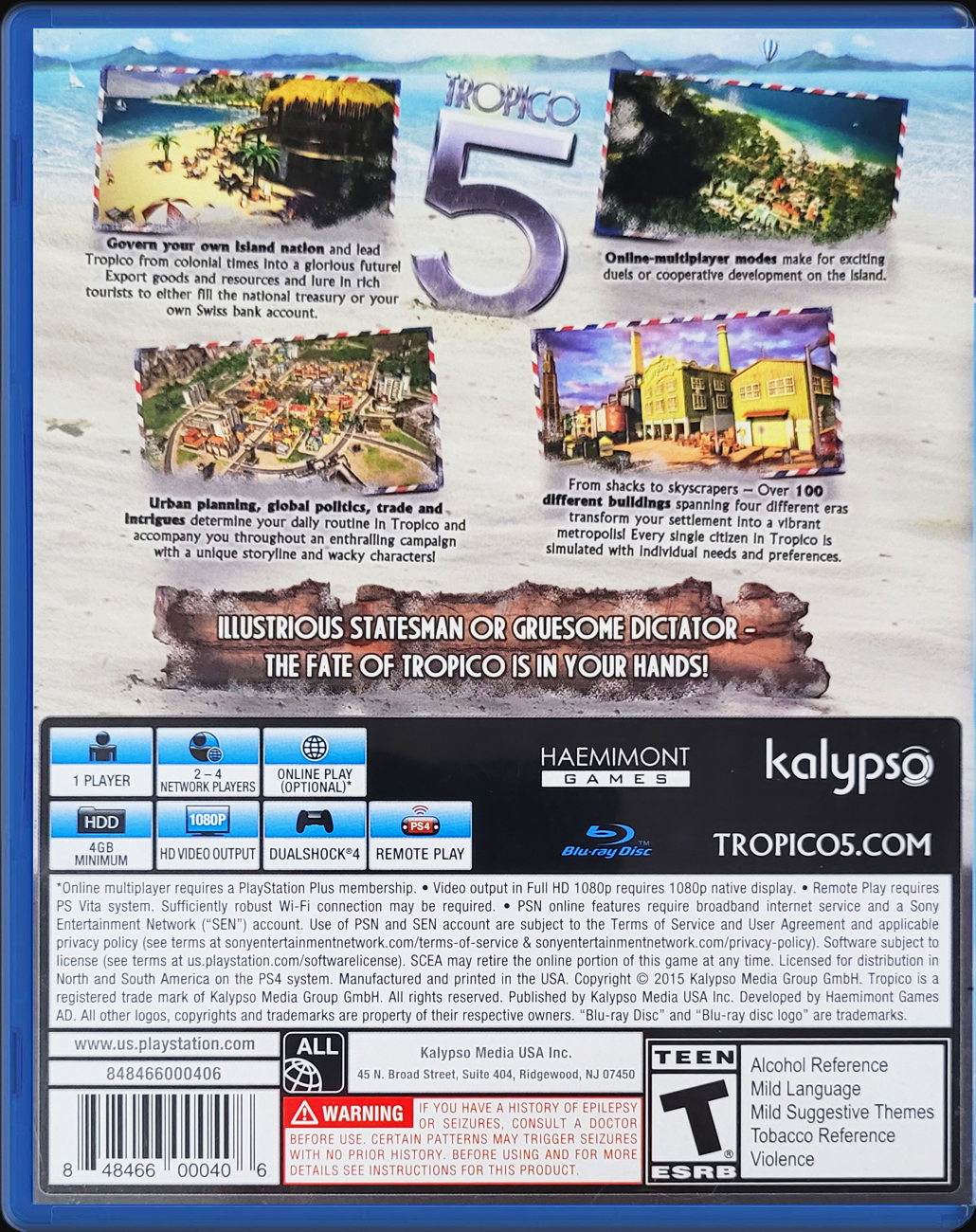 Tropico 5 Limited Special Edition PS4 back side cover case