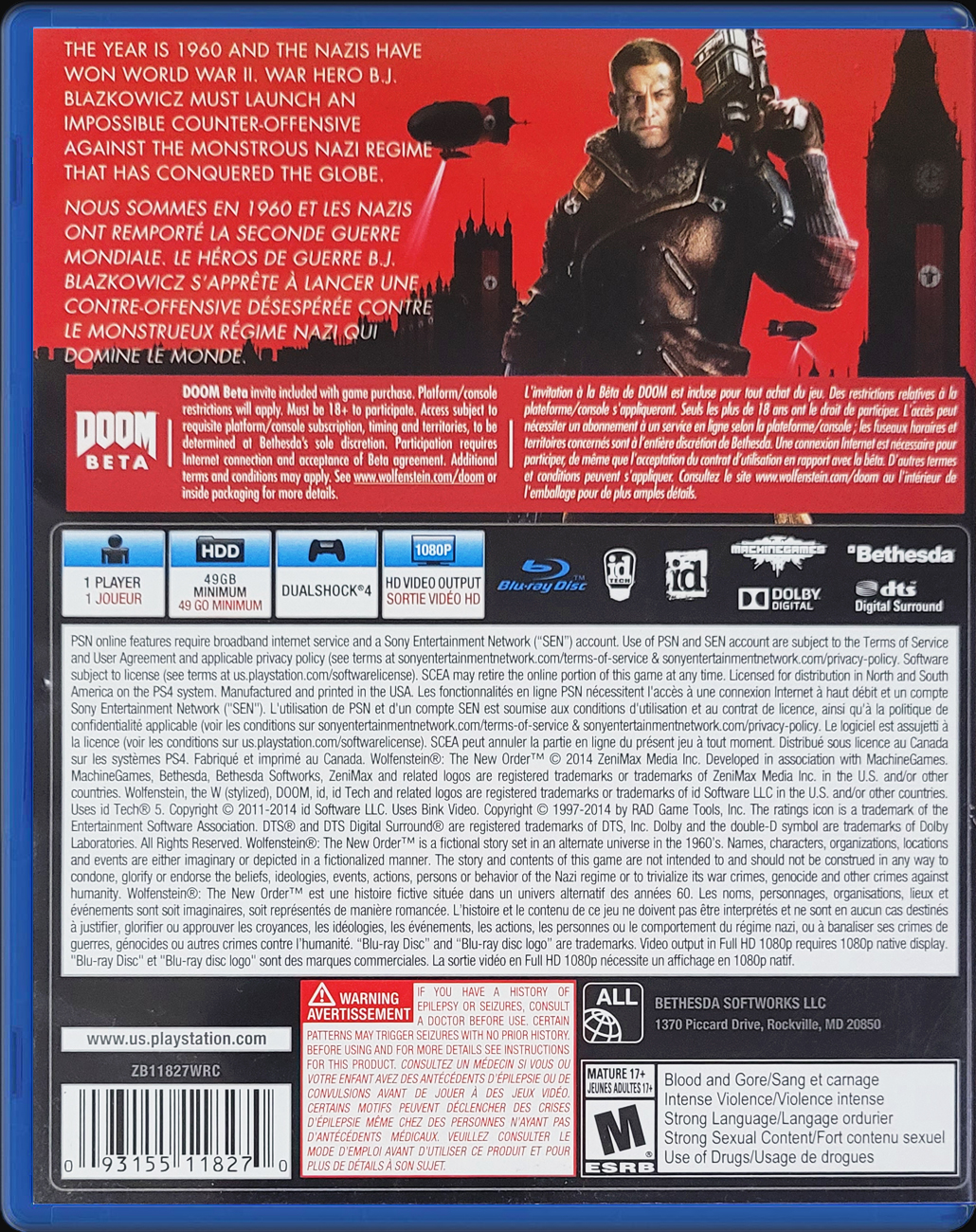 Wolfenstein: The New Order PS4 back side cover case