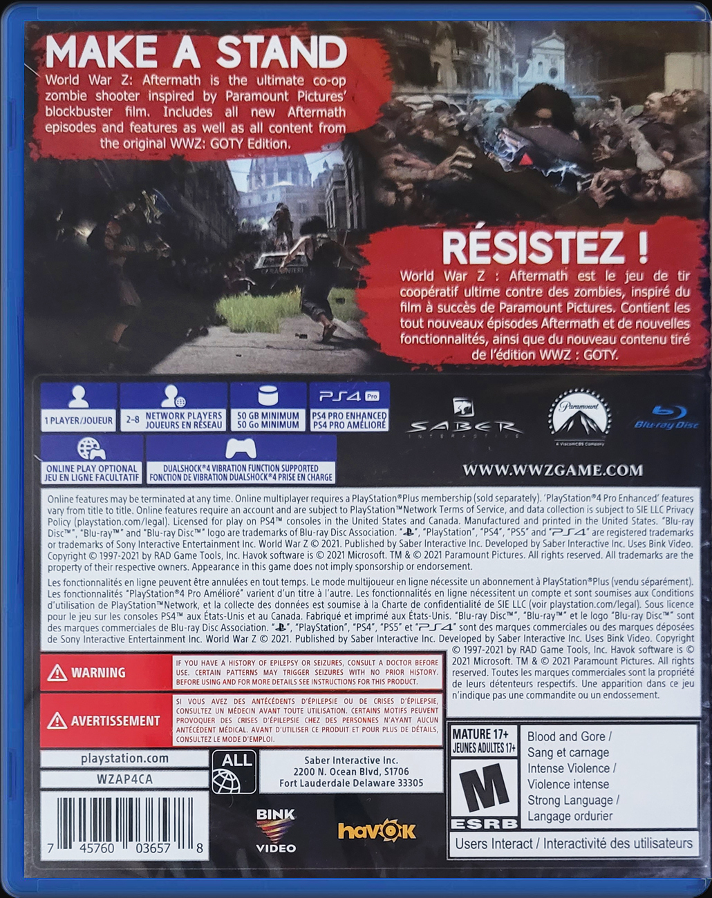 World War Z: Aftermath PS4 back side cover case