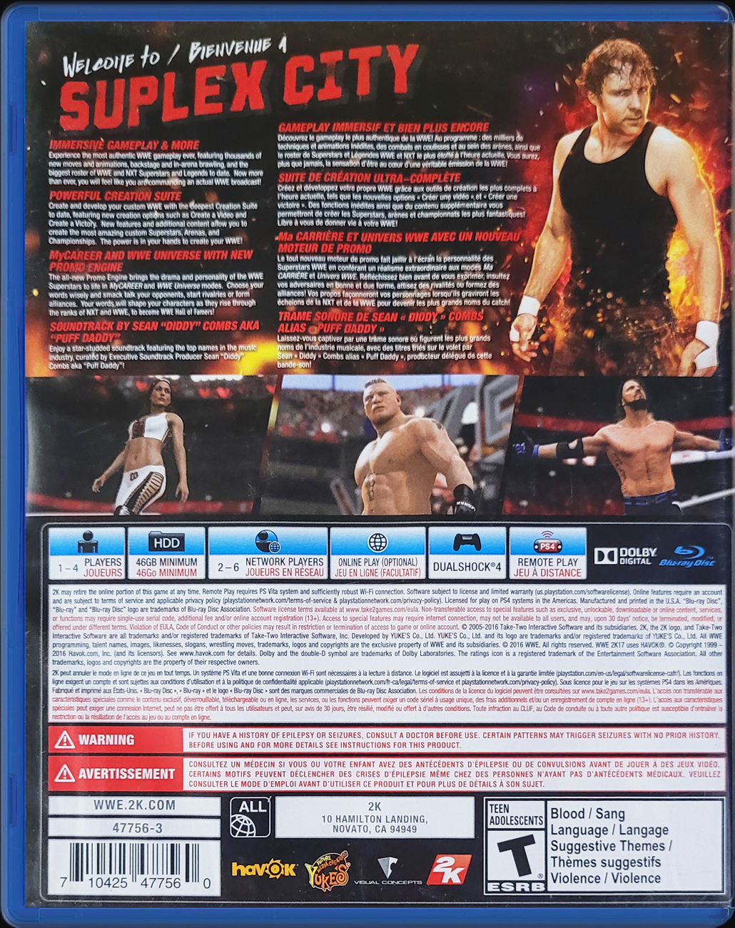 WWE 2K17 PS4 back side cover case