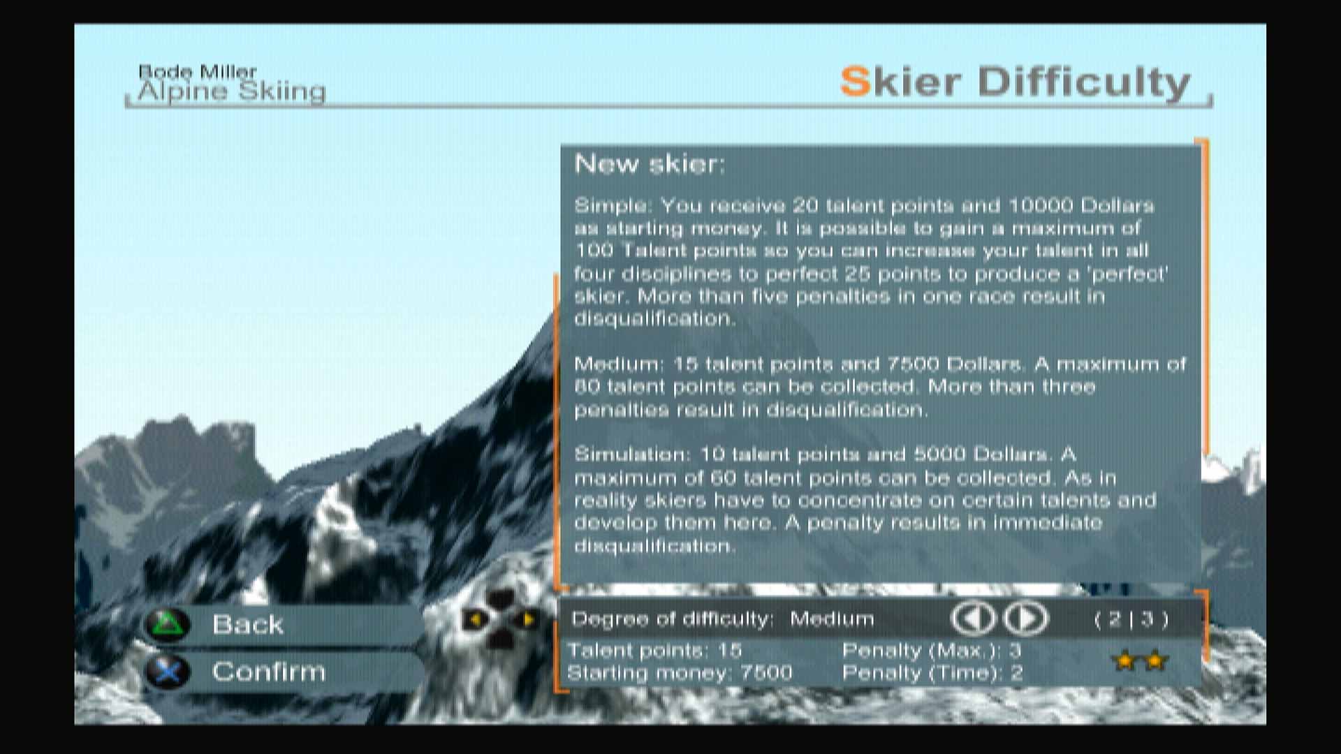 Bode Miller Alpine Skiing PS2 menu difficulty