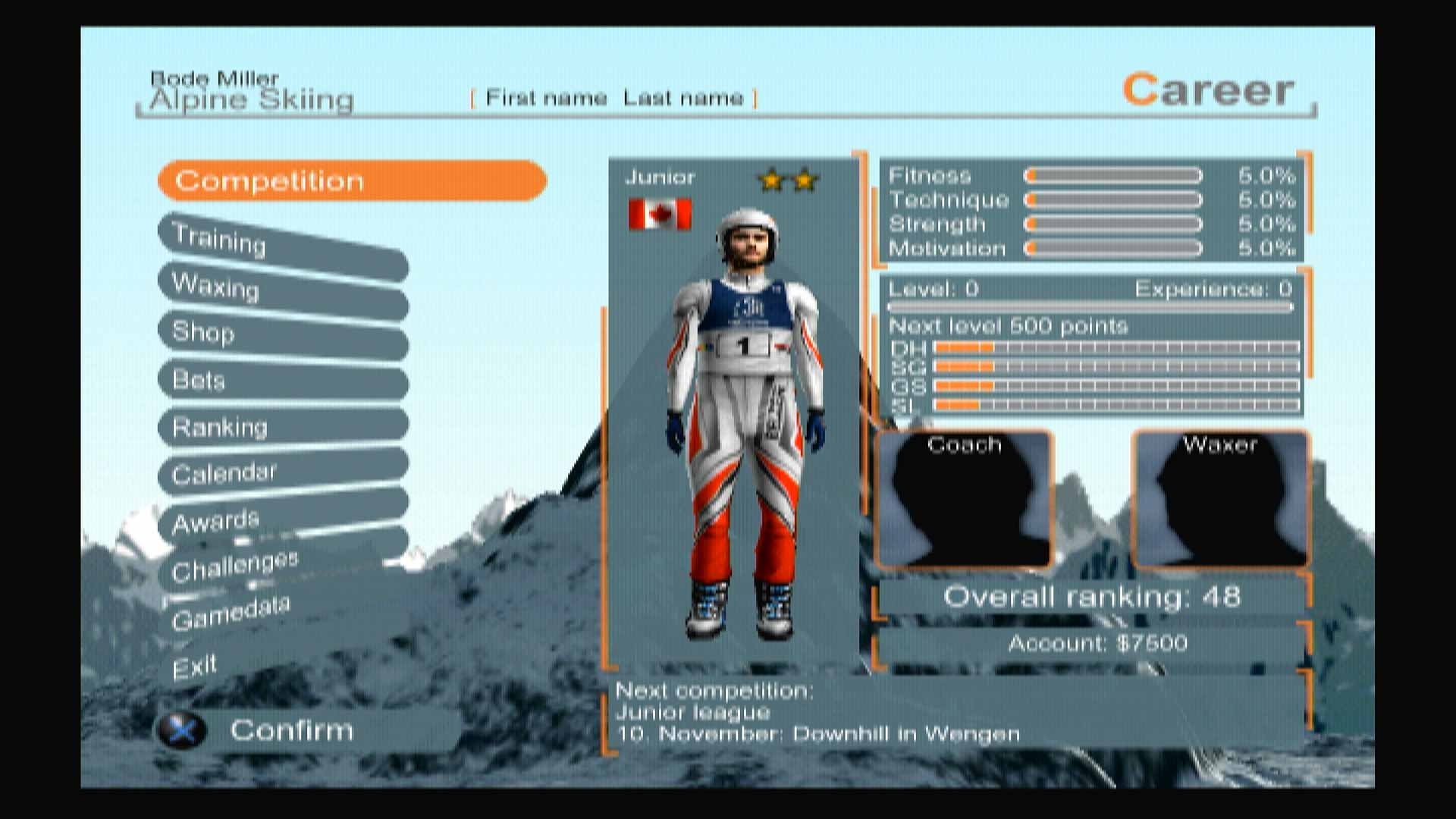 Bode Miller Alpine Skiing PS2 career menu