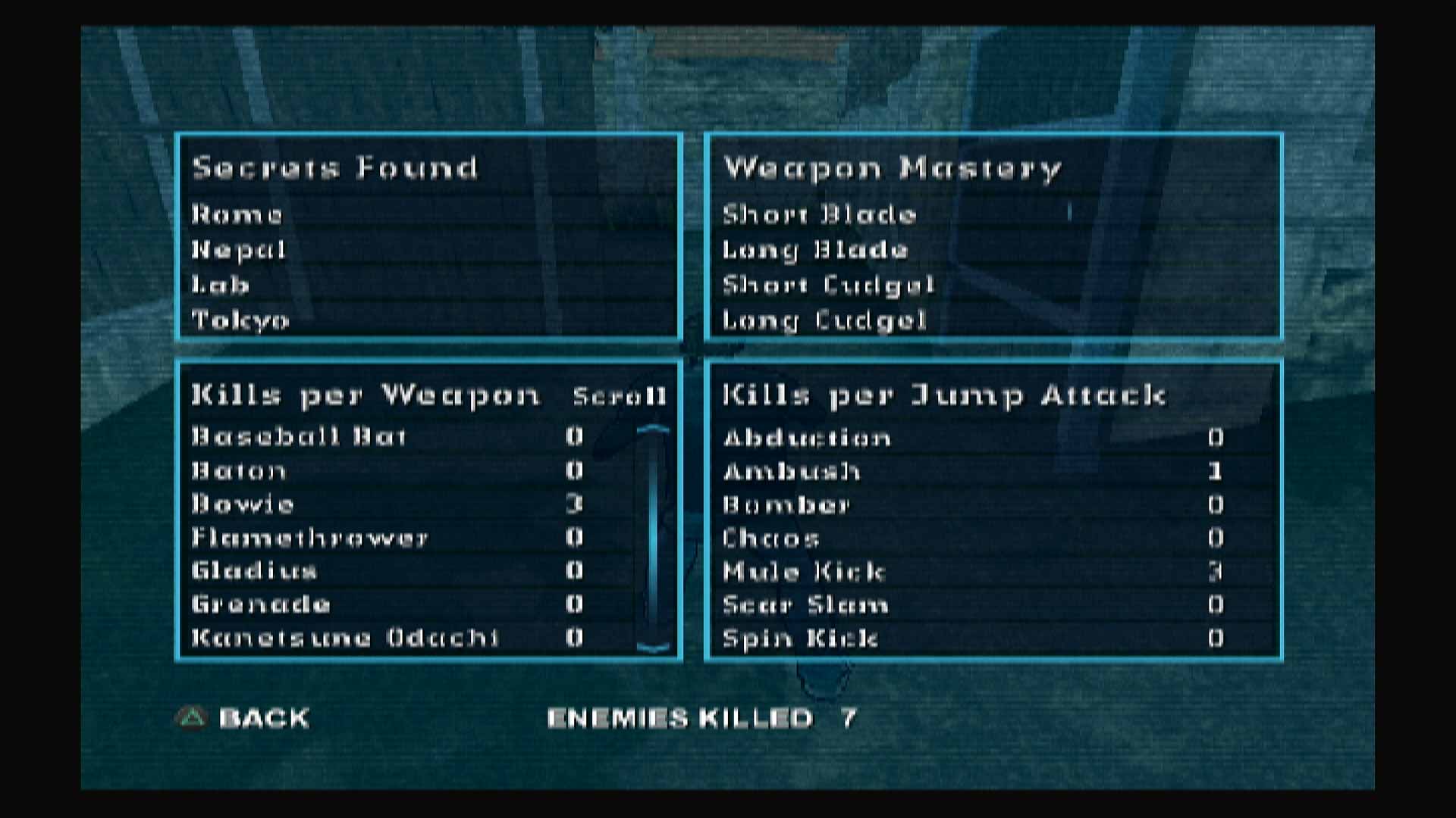 Jumper Griffins Story PS2 statistics menu