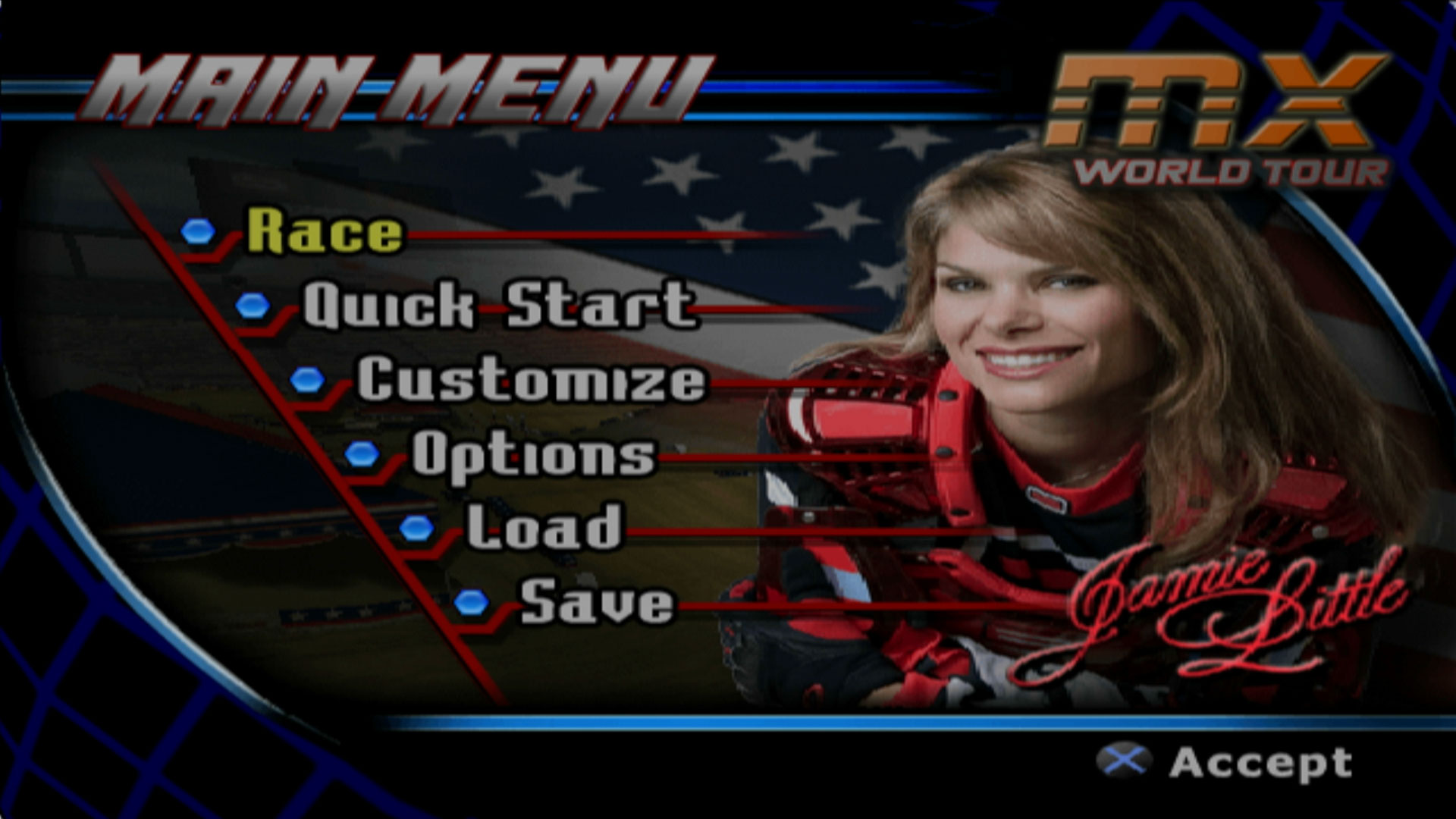 MX World Tour Jamie Little PS2 game main menu