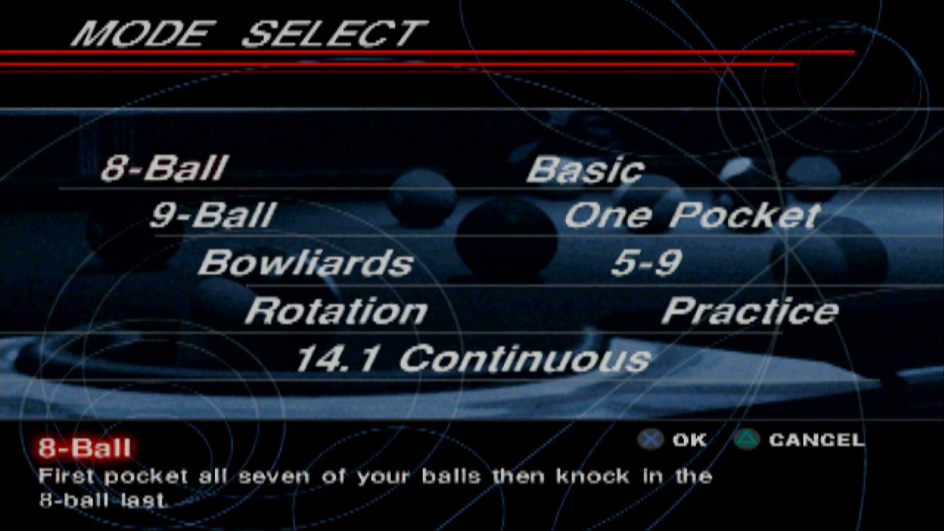 Real Pool PS2 game mode select