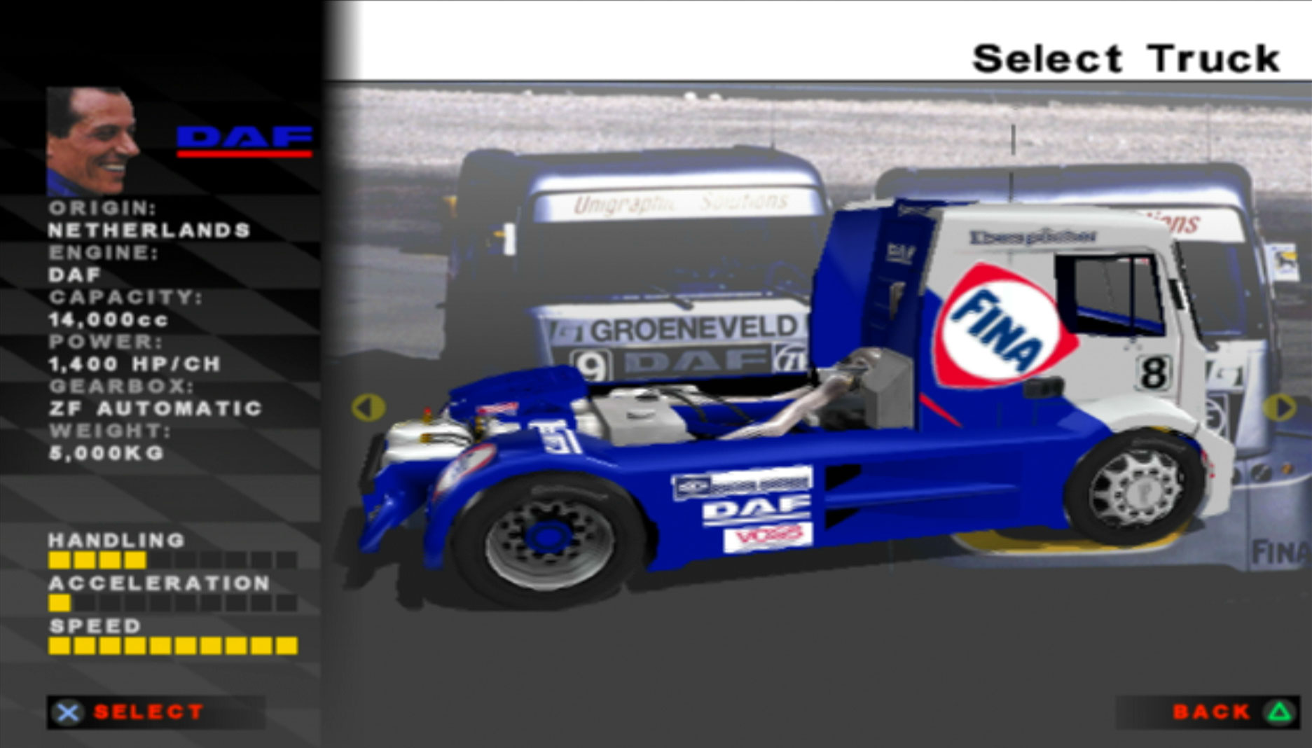 Super Trucks Racing PS2 vehicle select menu