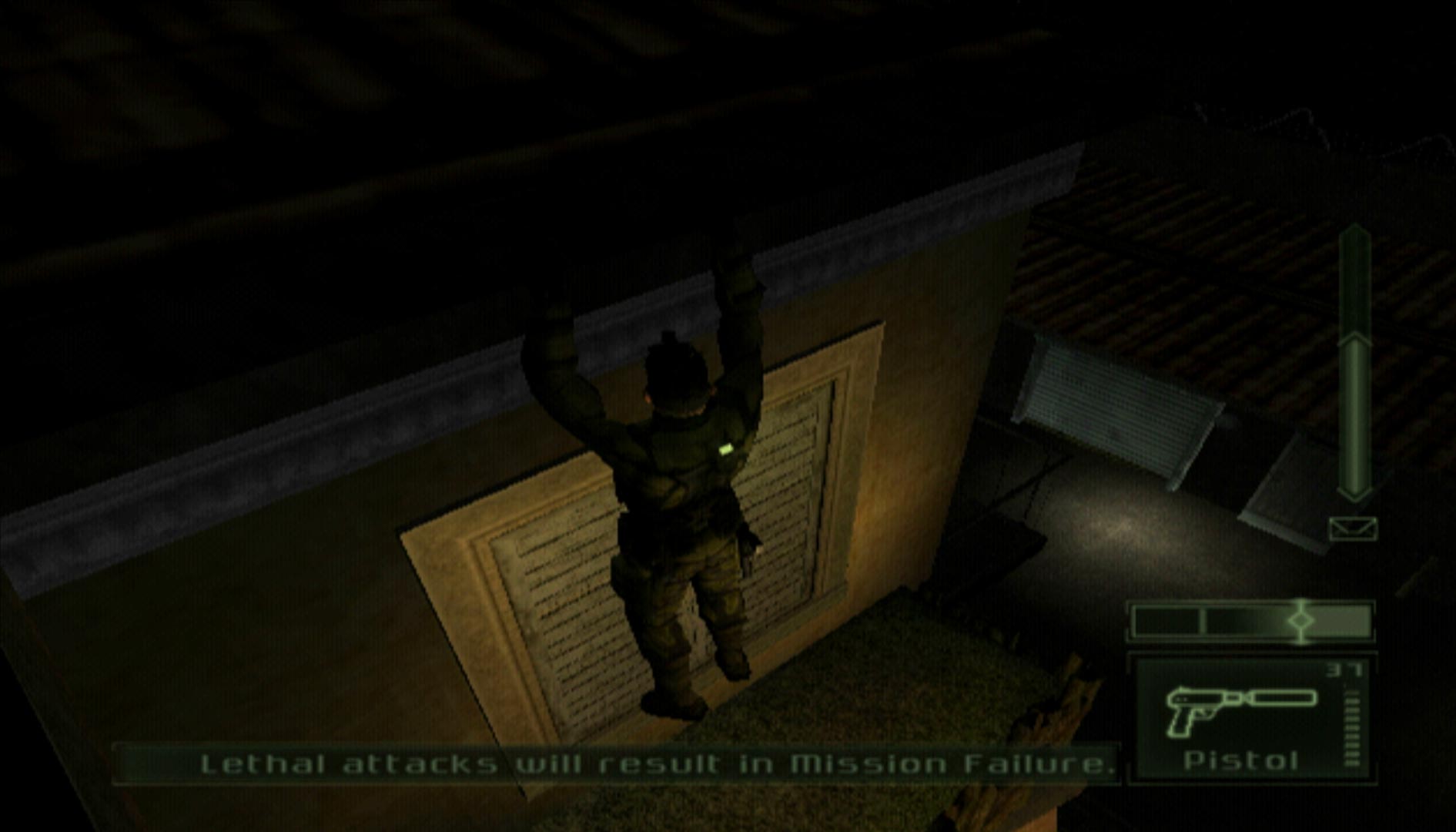 Tom Clancys Splinter Cell: Pandora Tomorrow PS2 hanging side building