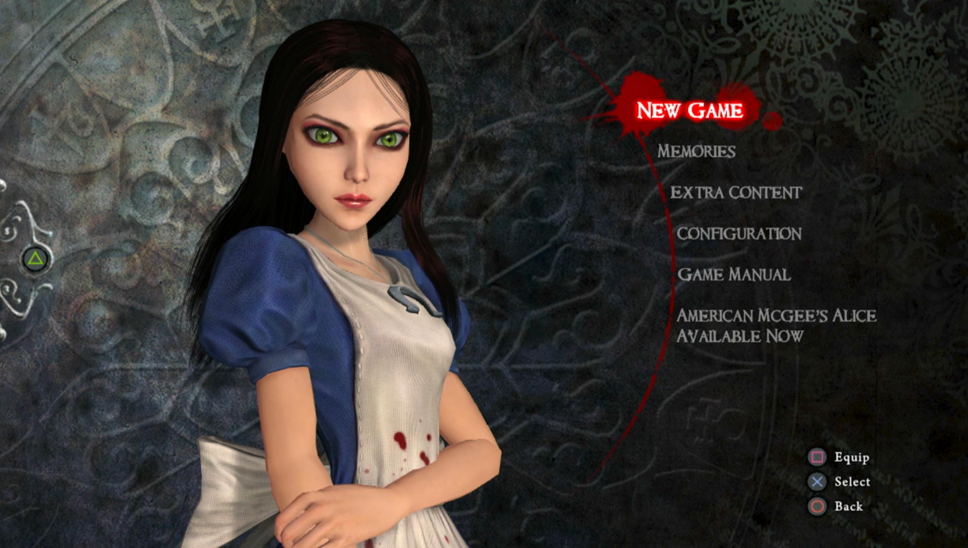 Alice Madness Returns PS3 game main menu