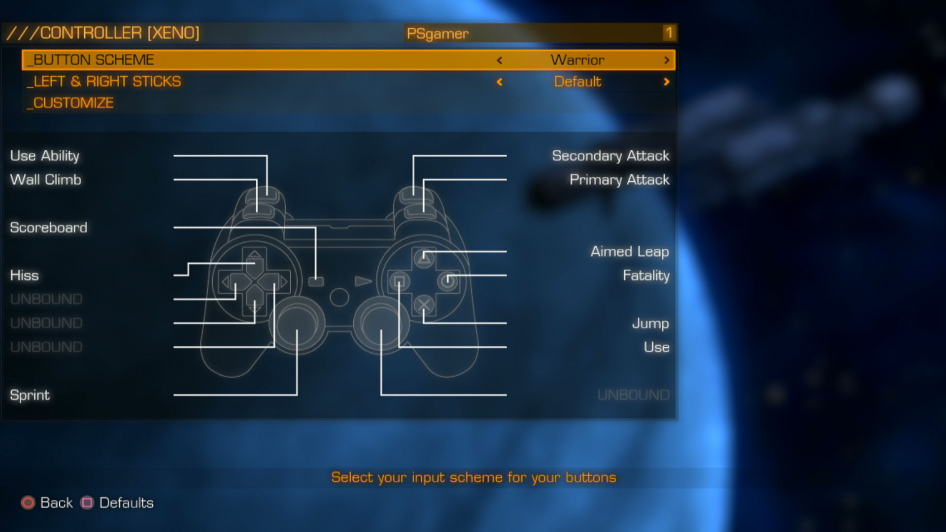 Aliens Colonial Marines PS3 controller layout xeno