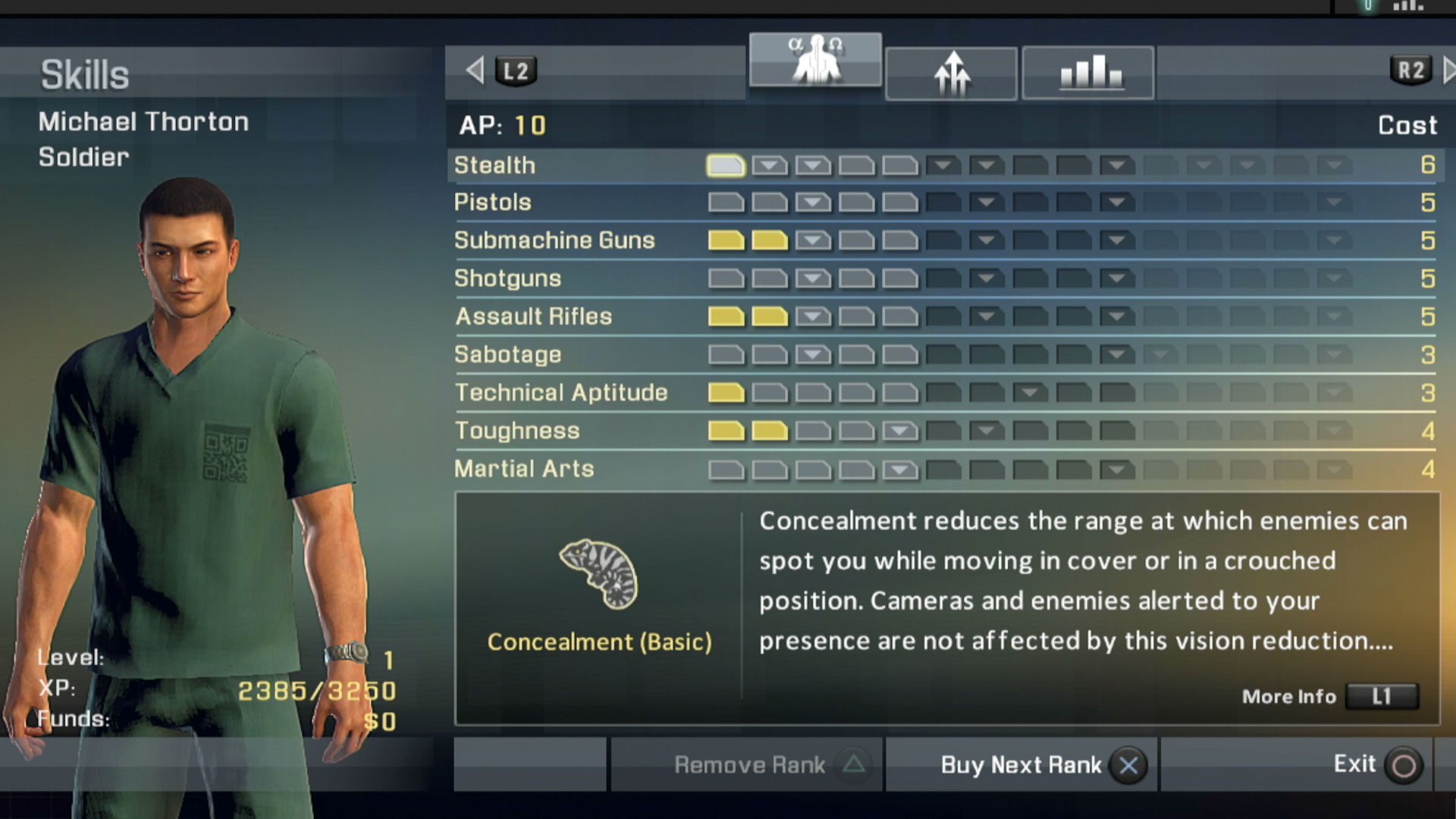 Alpha Protocol PS3 skills menu