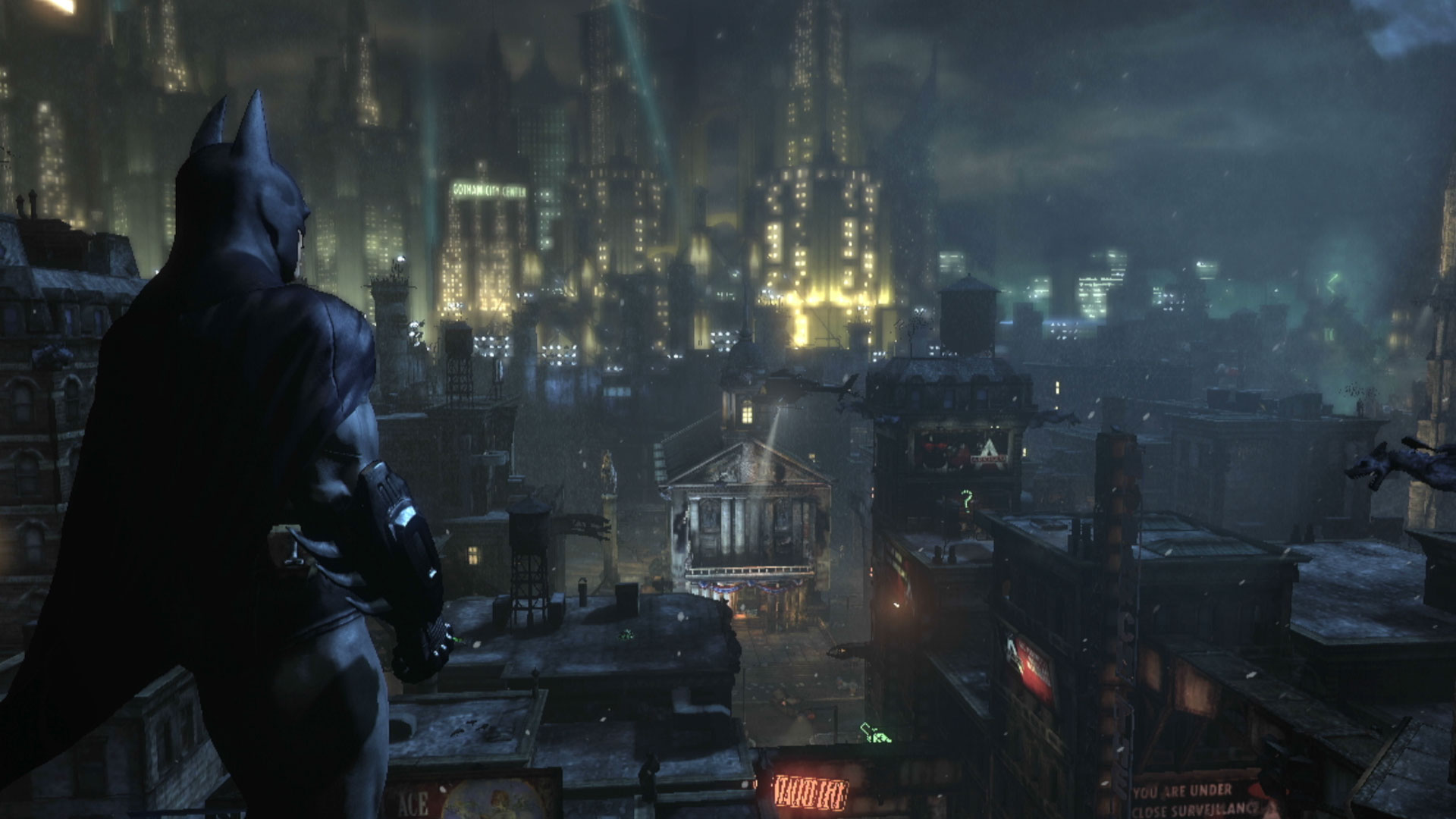 Batman Arkham City PS3 city view batsuit