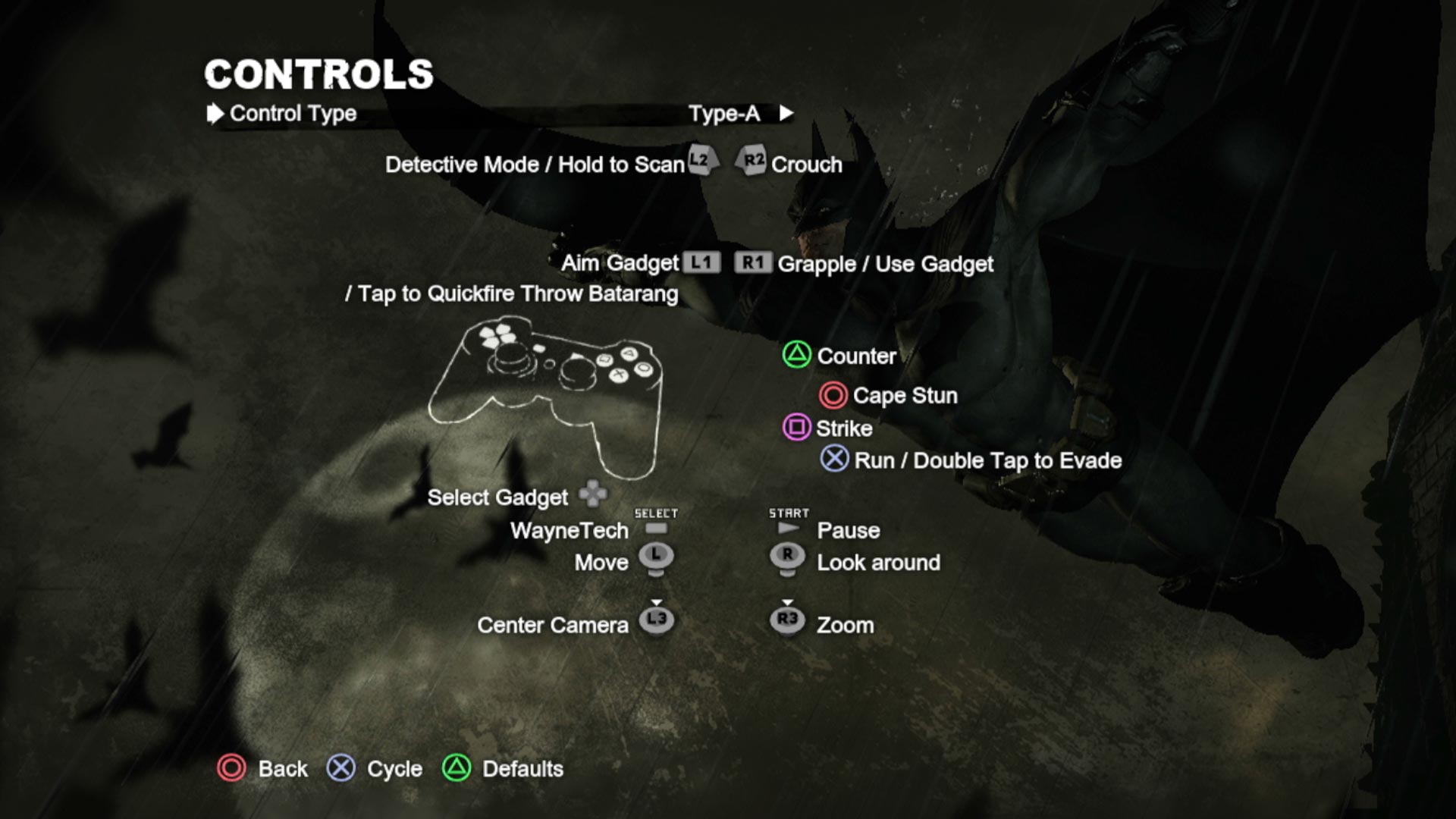 Batman Arkham City PS3 game controller button layout