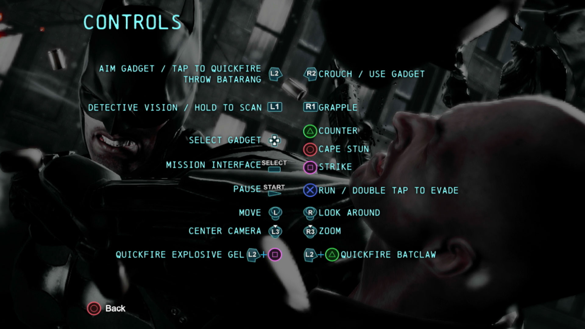 Batman Arkham Origins PS3 game controller button layout