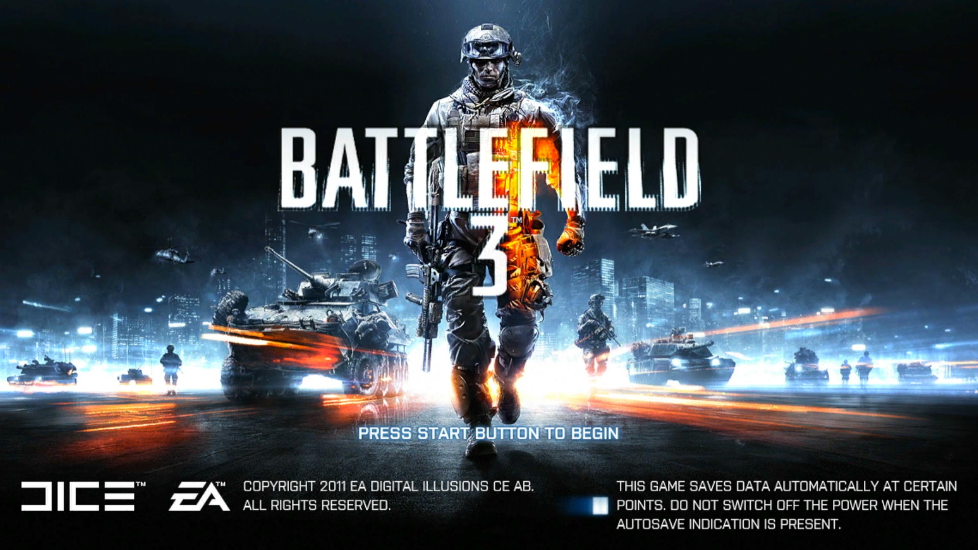 Battlefield 3 PS3 game title start screen