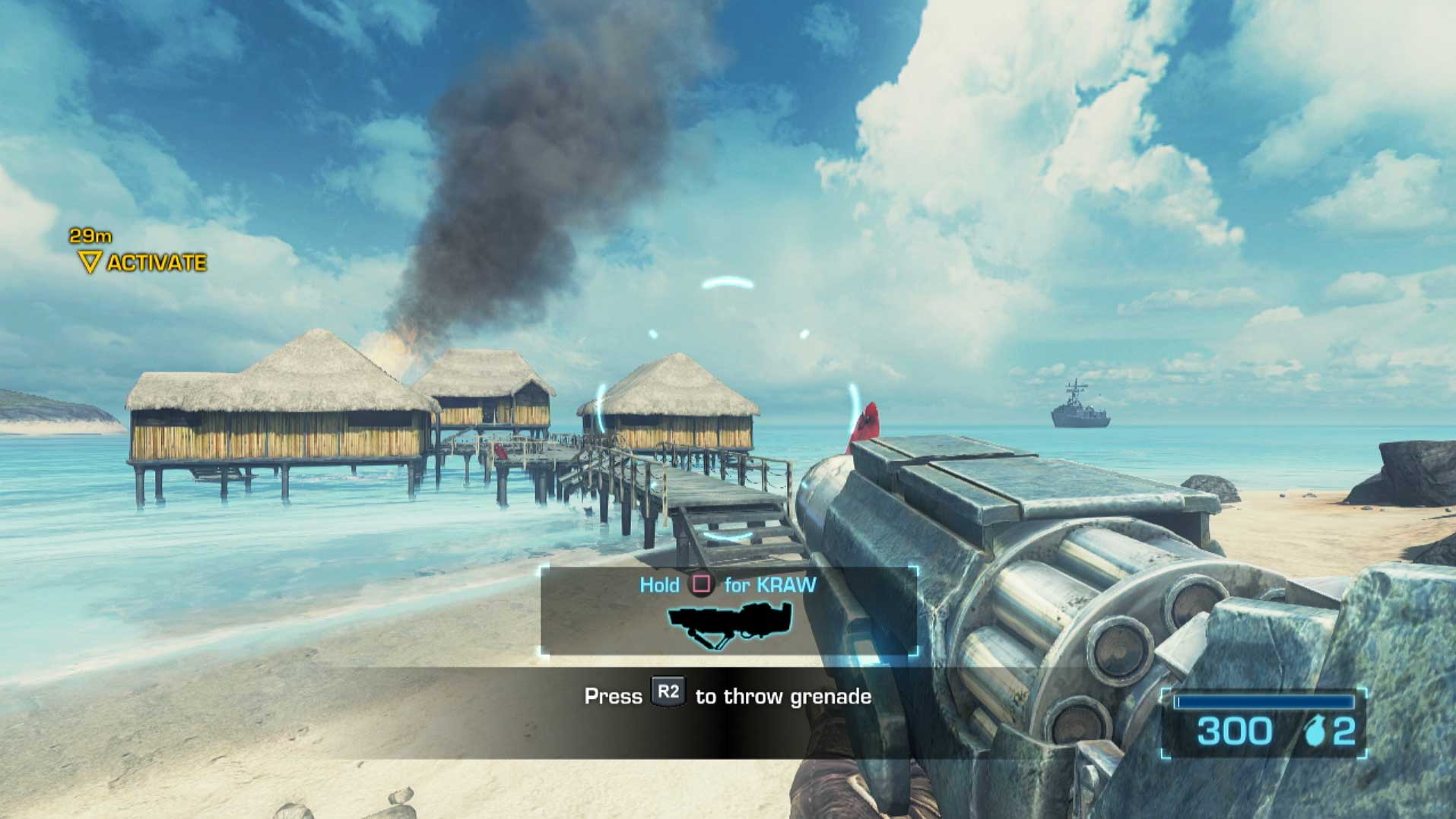 Battleship PS3 tiki huts burning beach