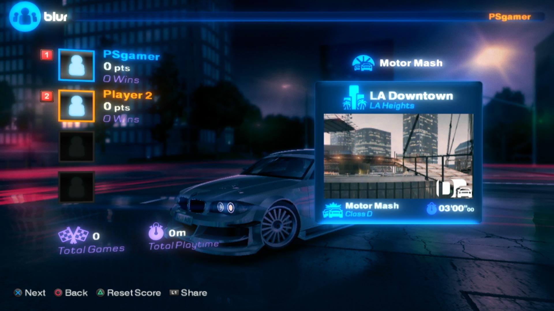 Blur PS3 screenshot la downtown menu screen