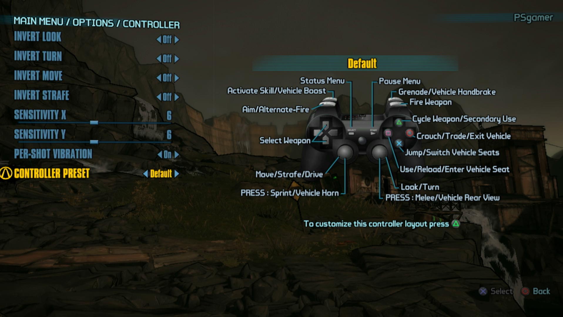 Borderlands 2 PS3 controller button layout