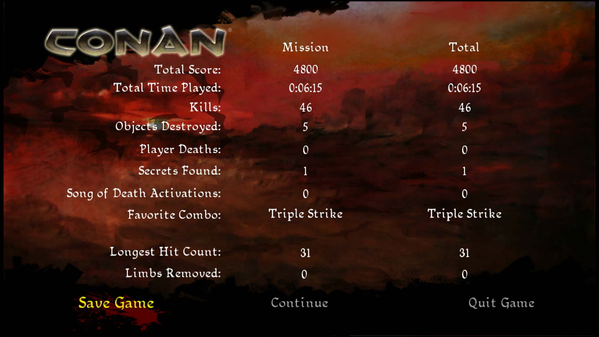 Conan PS3 mission complete game screen