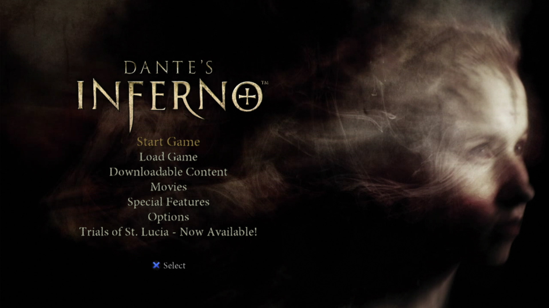 Dante's Inferno PS3 game main menu screen